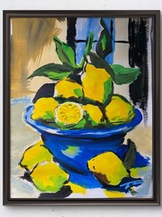 Lemons Yellow Blue Still Life Acrylic Original Art 14×11 Paper