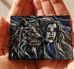 Wolf and Woman Original ACEO Scratchboard Art Card