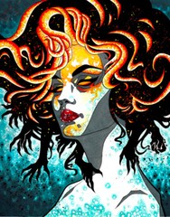Portrait ~ Woman with fiery hair and black hands ~ Dark Fantasy Art 11×14
