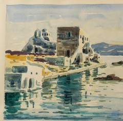 Mykonos, Antique Greek Framed Watercolor Coastal Landscape, Signed Illegibly