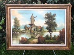 T METZA Original HUGE DUTCH LANDSCAPE RIVER BRIDGE HOLLAND WINDMILL Oil & Canvas