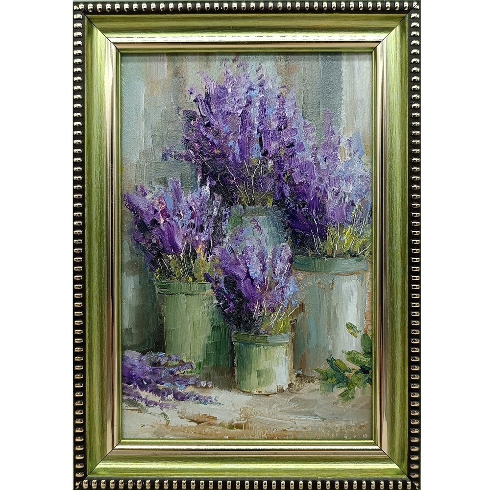 Lavender Original Oil Painting 4×6 Framed Signed Floral Still Life Flowers Art