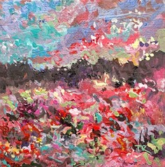 Wildflower field Original art Landscape red flower floral Acrylic Painting 4×4”