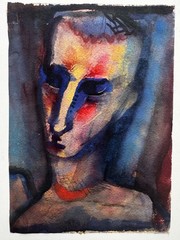 Pair (2) Vintage 1920s German Expressionist Watercolor Portraits Man Woman 7×10