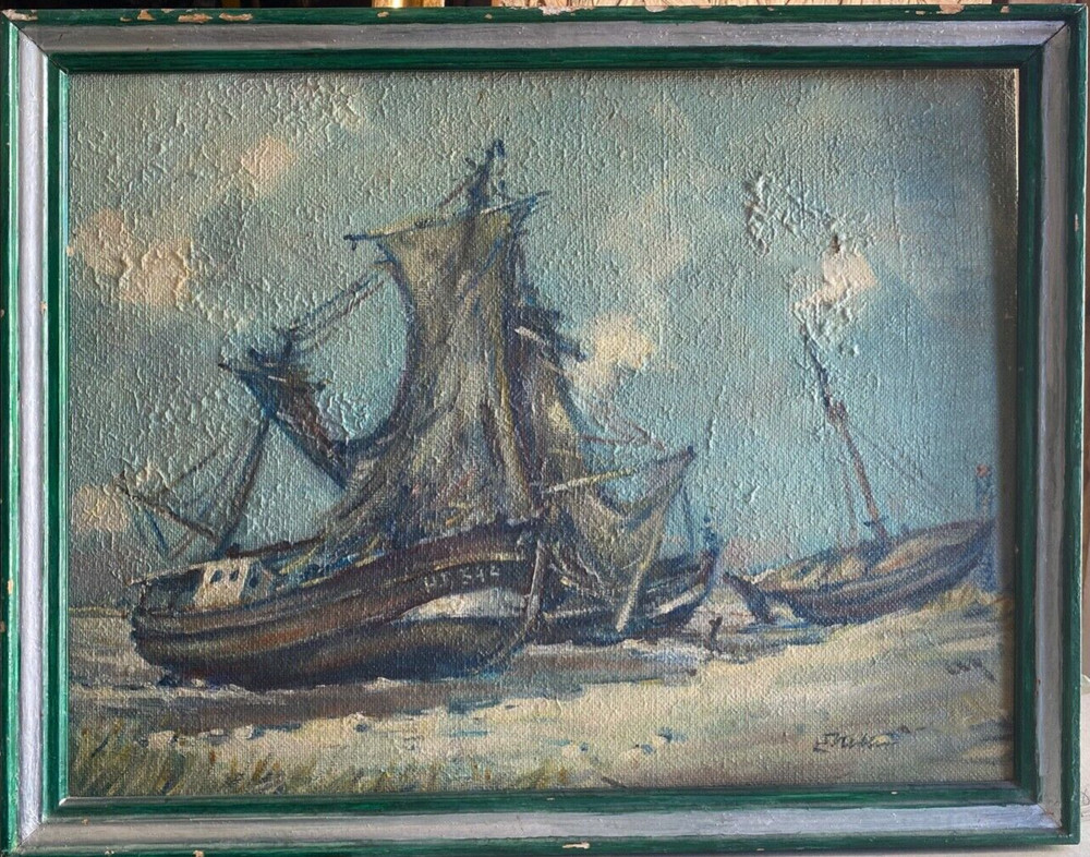 Oil painting signed E.KELLER fishing boats at low tide Hamburg ALTENWERDER