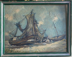 Oil painting signed E.KELLER fishing boats at low tide Hamburg ALTENWERDER