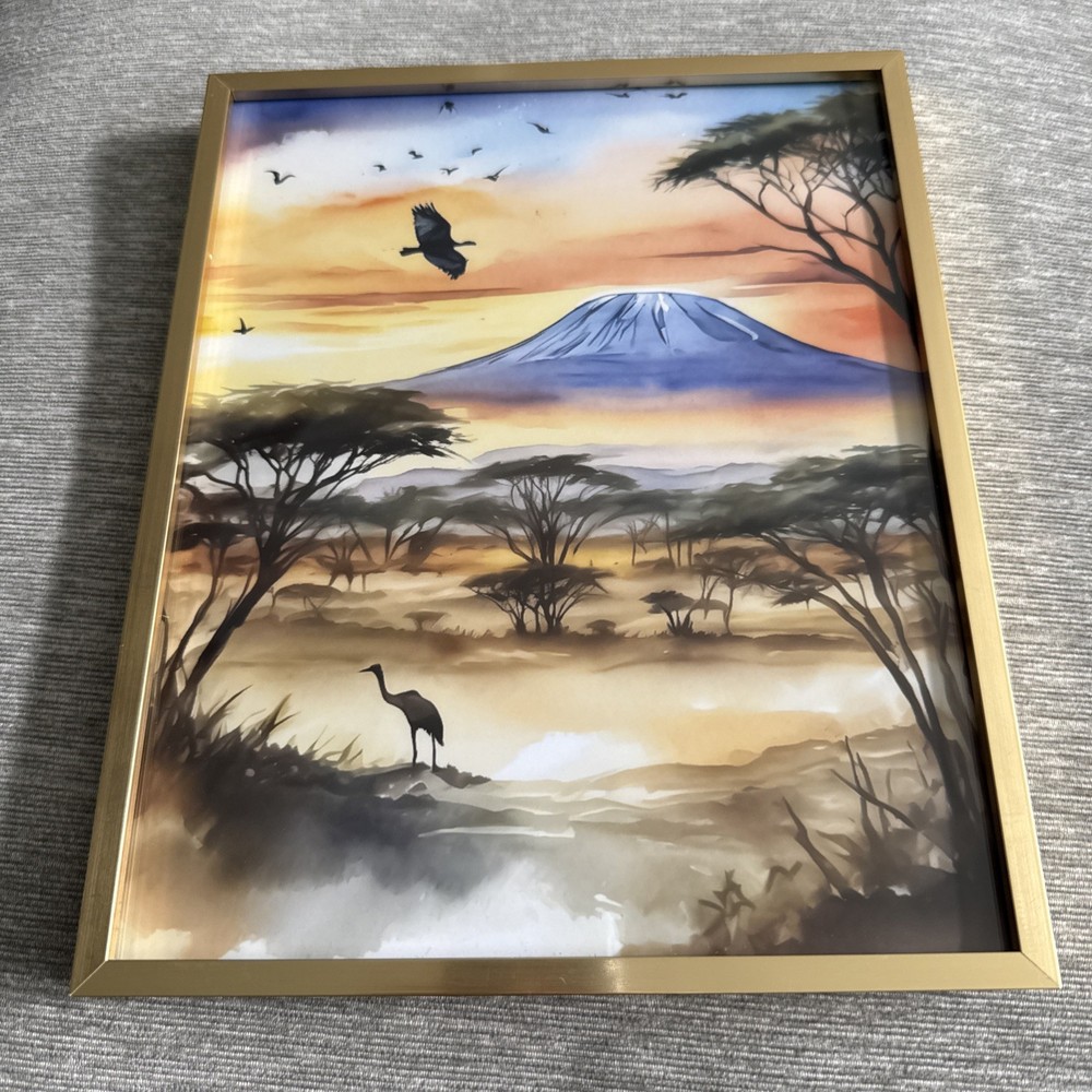 Mount Kilimanjaro Watercolor Art Print Framed African Savanna Sunset Wildlife