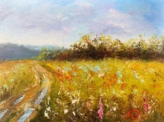 Rustic landscape Original Oil painting Field with trees Country Road 4×8 nature