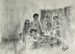 Original South Asian Family Charcoal Vintage Monochrome Art Signed by Artist