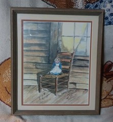 Vintage Folk Art Watercolor Painting Still Life Doll On Chair Signed Sue Latsha