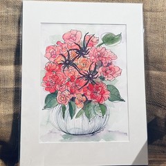Floral Orig Watercolor Pen/Ink Vase Gorgeous Pinks/Reds 12 x16 ready to frame!