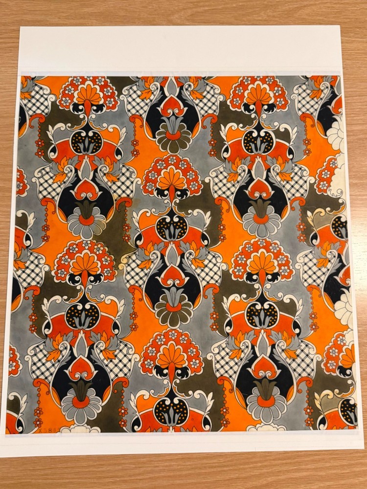 Vintage Original Gouache Textile Design, Art Nouveau Floral Scroll Repeat,