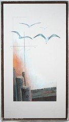 Vintage Mervin Markley Oil Painting of Seagulls Dock and Boat Mast 30.75×17.25″