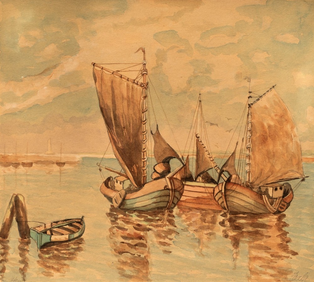 Fishing Boats, Antique Watercolor, European/Turkish, Signed Illegibly