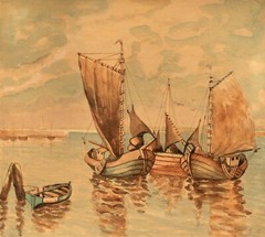 Fishing Boats, Antique Watercolor, European/Turkish, Signed Illegibly
