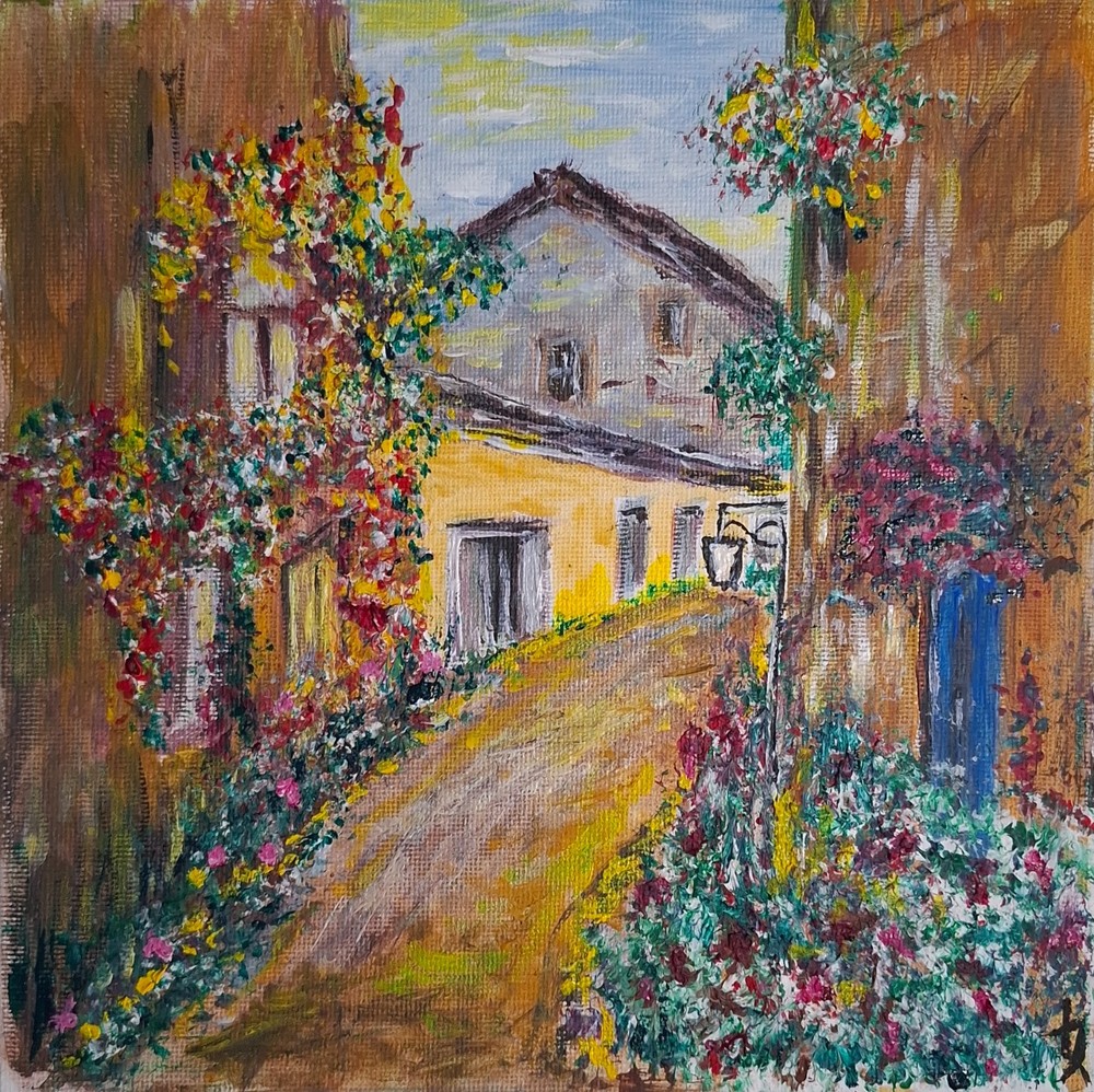 ORIGINAL ACRYLIC PAINTING ON CANVAS BY MAEVSKAYA „OLD TOWN ALLEY“ 20×20 cm SIGNE