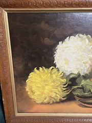 VTG Litho Golden & White Mums, Lee Reynolds STYLE, Carved Wood NO Glass, 23×43”