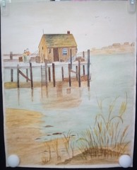 Dockside Fishing Cabin On The Lake Watercolor Painting 20″x16″ OOAK