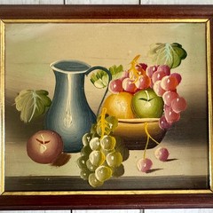 Vintage Still Life Fruit Oil Painting Impasto Textured Blue Pitcher Framed Art