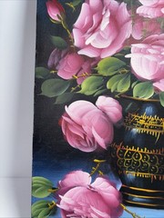Vintage Oil Painting Roses In Vase Still Life Canvas Signed 12 X16 Preowned