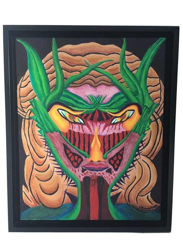 Modern Acrylic Painting Of Blond Girl With Fierce Eyes Signed M. Krebs 22×17”