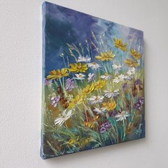 Golden Wildflower Meadow Original Oil Painting Floral Landscape Nature Wall Arts