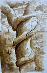ORIGINAL WATERCOLOR SERPENT SNAKE on a TREE PAPER 11×17 By Monikachovanart