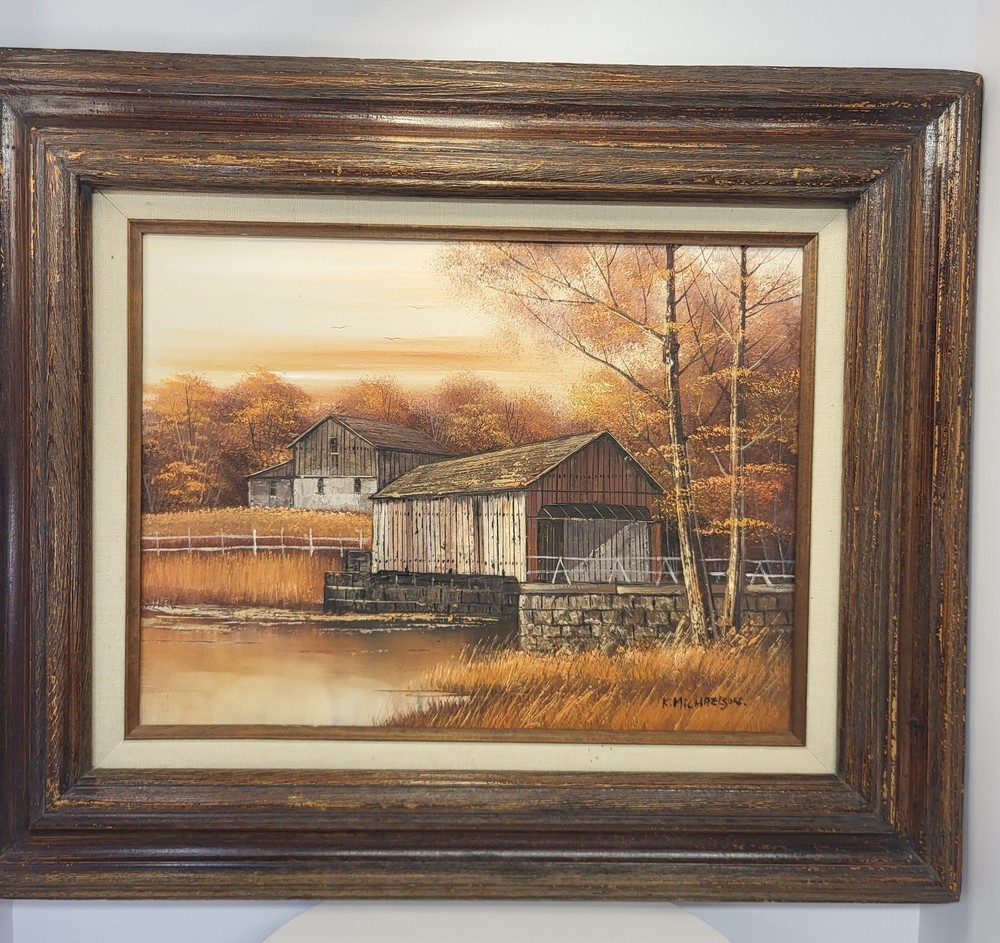 Vintage Original Painting Rustic Barn Farm Theme Rural Scene Signed Wood Frame