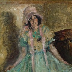 Framed Mid 20th Century Oil – Curtsy in the Green Dress