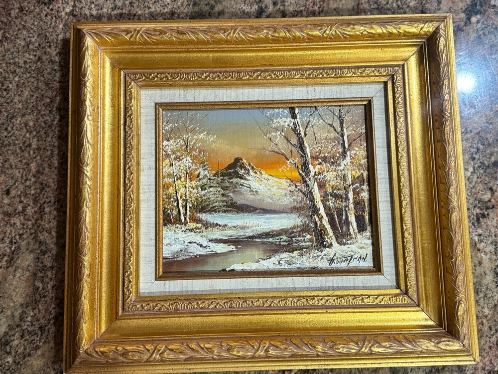 Gold Framed G WHITMAN ORIGINAL OIL on Canvas Painting Nature Snowy Forest River
