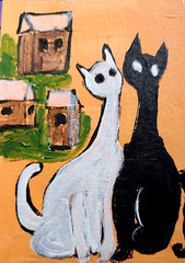 ORIGINAL ACEO PAINTING WOMAN CAT BLACK KITTEN Miniature Card By Carole Collins