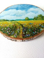 miniature acrylic painting on wood slice Landscape summer field of flowers 4.5in