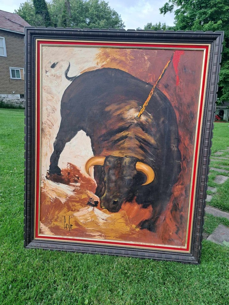 Carlo of Hollywood MCM Mortally Wounded Bull Oil Painting 50×40 Excellent!