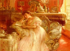 Oil painting Fernand Toussaint – quiet afternoon nice young woman reading book