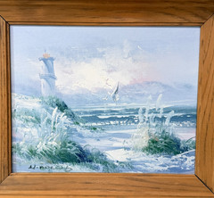 Vintage Seascape Oil Painting Signed Lighthouse Beach Waves Coastal Art