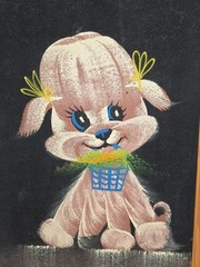 Vintage Velvet Painting Frame Dog Pink Poodle Kitsch Basket & Bow’s 70s Retro