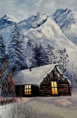 Limited Watercolor Painting Snowbound Mountains Cabin Christmas Signed 10” X 8”