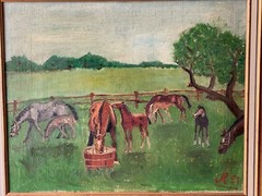 Mid-Century Modern (MCM) Original Farm Scene Horse and Pony – Oil on Canvas