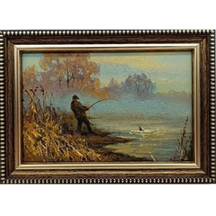 Fisherman Original Oil Painting 6×4 Framed Signed Fishing River Landscape Art
