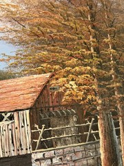 K Michaelson Original Oil Painting Covered Bridge Autumn Landscape 20×16 Signed