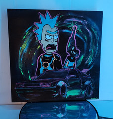 10×10” Cyberpunk Rick & Morty Painting – Neon Acrylic on Wood, Fan Art Fusion