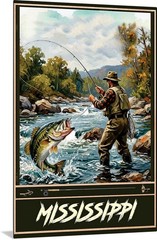 Bass Fly Fishing Travel Poster Mississippi Print, Canvas, or Framed