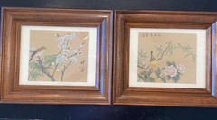 2 Japanese or Chinese Hand Painting on Silk BIRDS/ FLOWERS Framed 11.25 X 13.25