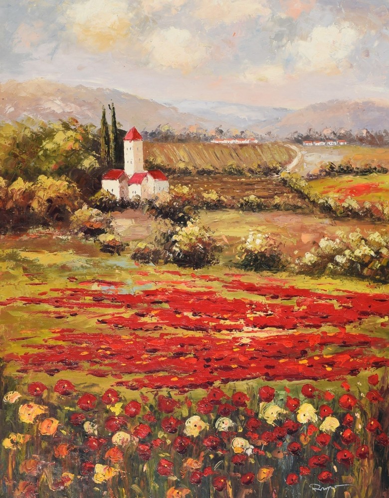 Scenery Village W/.Lush Field of Red Poppies Oil Painting on canvas Hand signed.