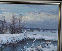 Oil on Cardboard Signed Zdenek Nemastil Winter Landscape River Snow Framed