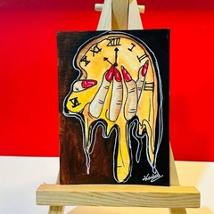 Melting Time Clock Surreal ACEO Original Acrylic Painting Gothic Pop Art OOAK