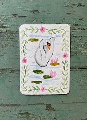 ORIGINAL- Swimming swan floating about the lilypads- water color- ACEO ATC