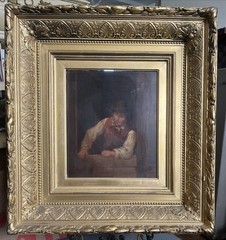 Antique 19thC Dutch Flemish Genre Oil Painting Wood Panel Ornate Gilt Frame
