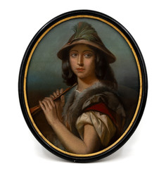 antique oval shaped pastel/gouache on paper portrait painting flute player