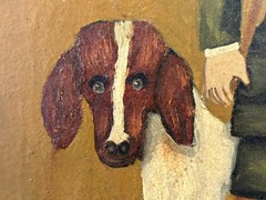 🔥 Vintage Mexican Folk Art Hunting DOG Boy RIFLE Portrait Oil Painting, LABIOS